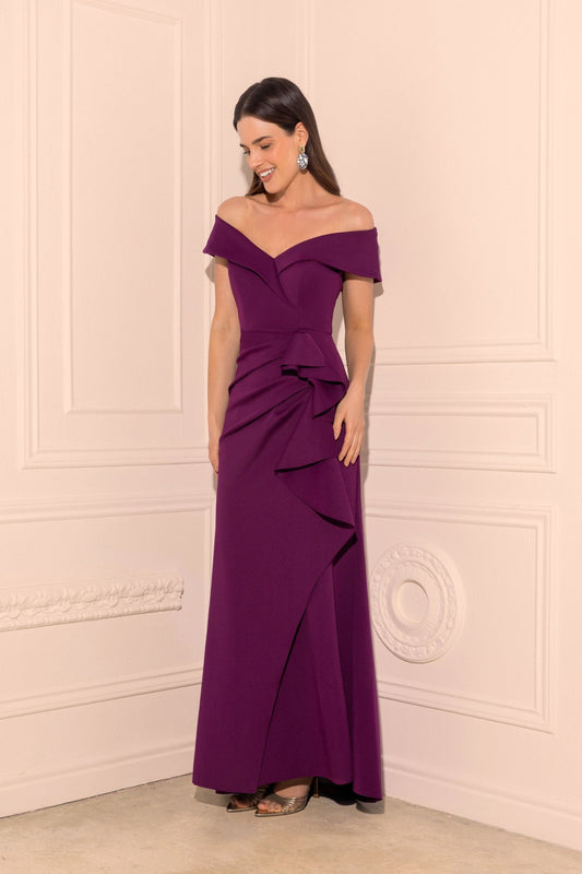 XSCAPE "Patti" Techno Scuba Off The Shoulder Dress