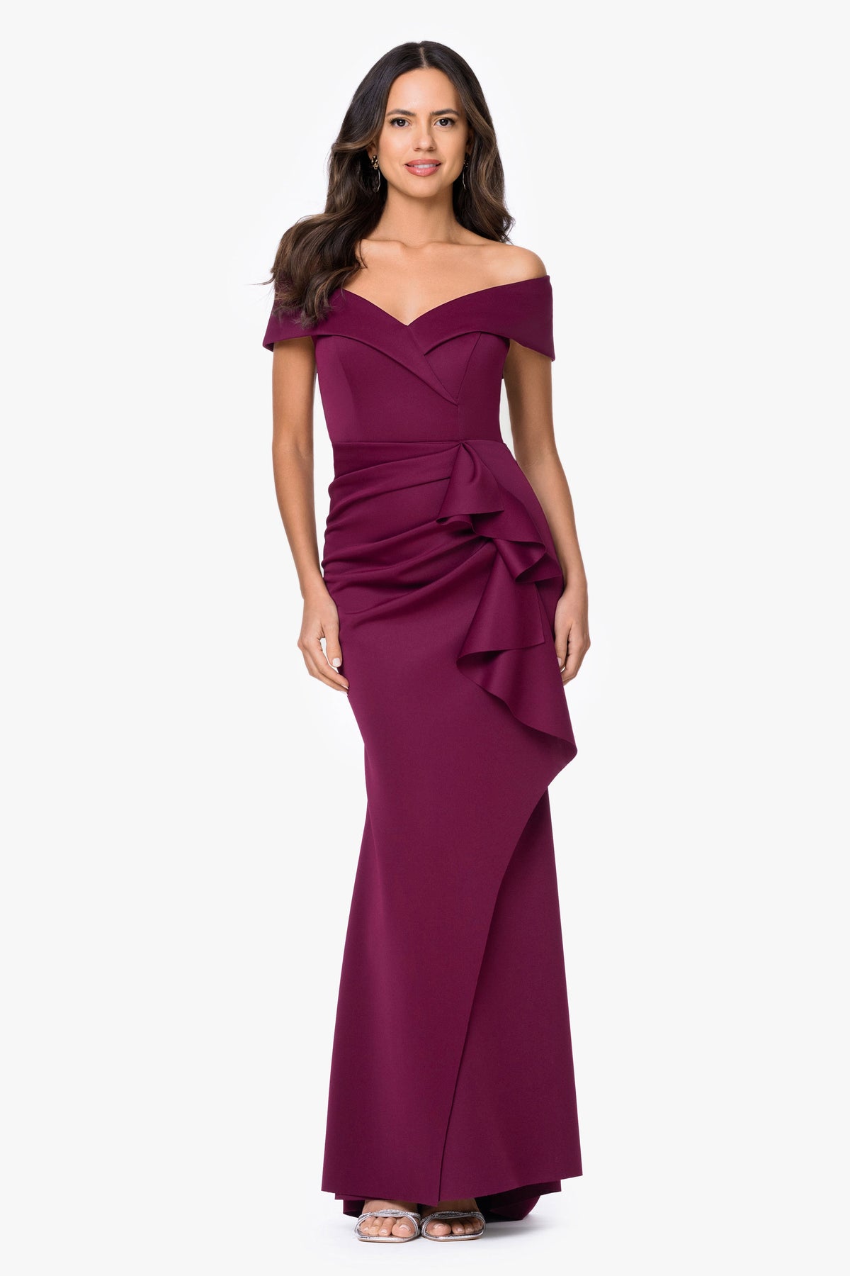 XSCAPE "Patti" Techno Scuba Off The Shoulder Dress