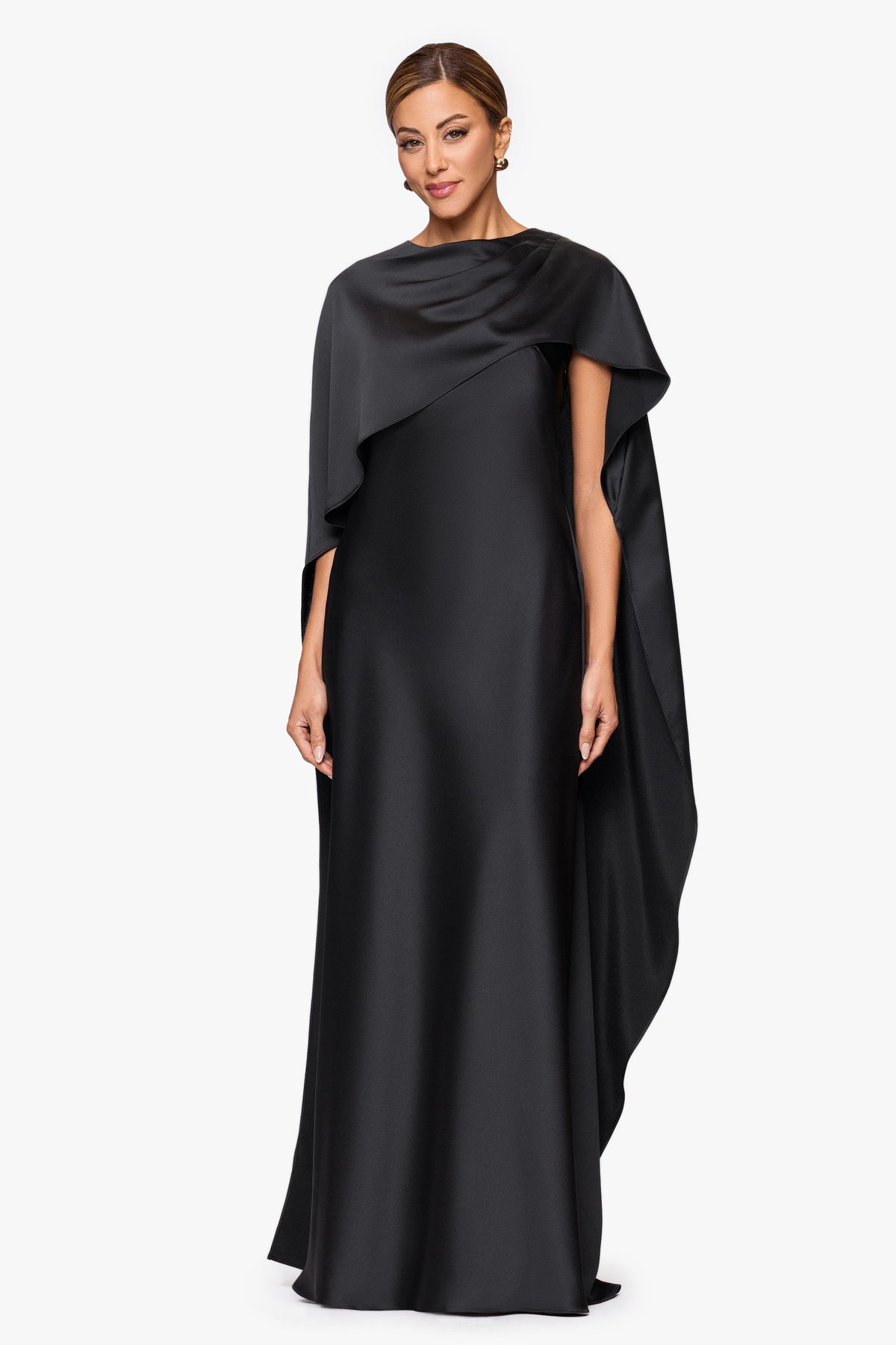 XSCAPE "Tallulah" Satin Overlay Cape Dress