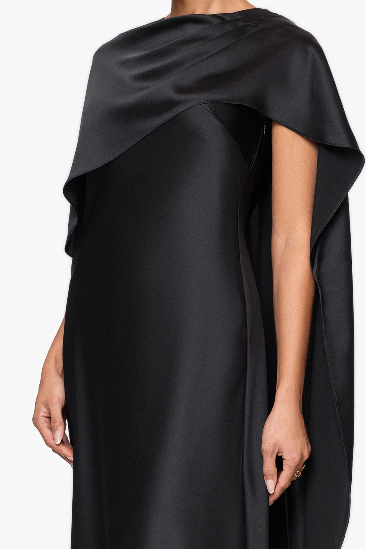 XSCAPE "Tallulah" Satin Overlay Cape Dress