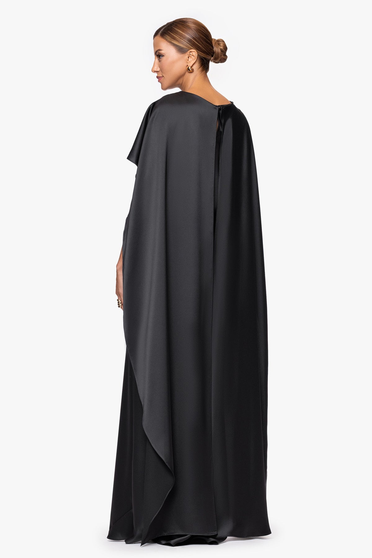 XSCAPE "Tallulah" Satin Overlay Cape Dress