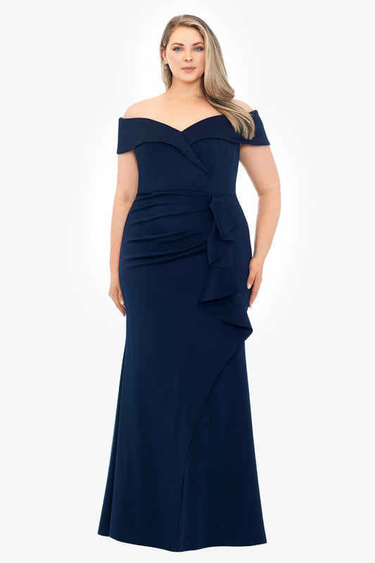 XSCAPE Plus "Patti" Techno Scuba Off The Shoulder Dress