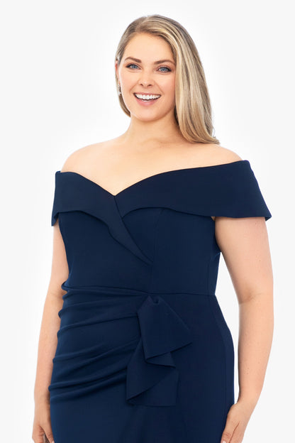 XSCAPE Plus "Patti" Techno Scuba Off The Shoulder Dress