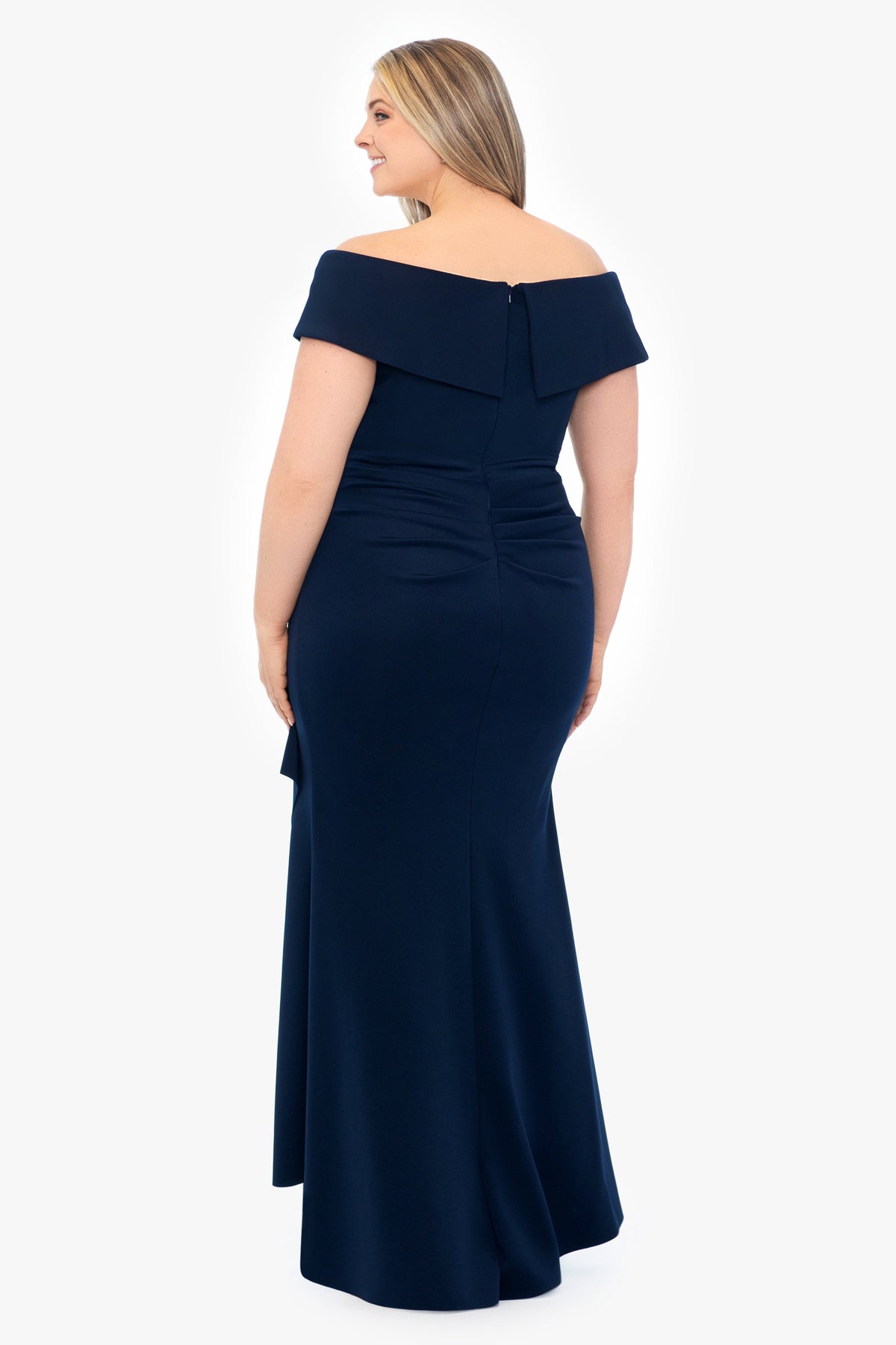 XSCAPE Plus "Patti" Techno Scuba Off The Shoulder Dress
