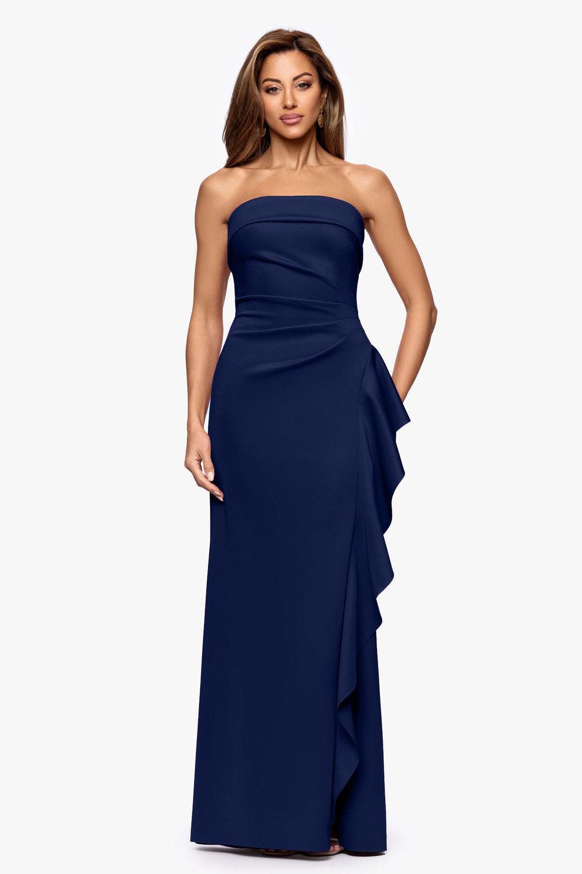 XSCAPE "Jacqueline" Techno Scuba Strapless Ruffle Dress