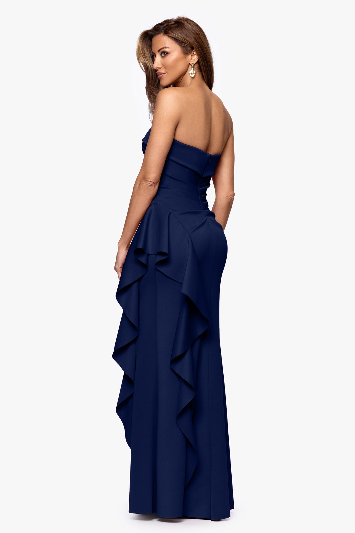 XSCAPE "Jacqueline" Techno Scuba Strapless Ruffle Dress