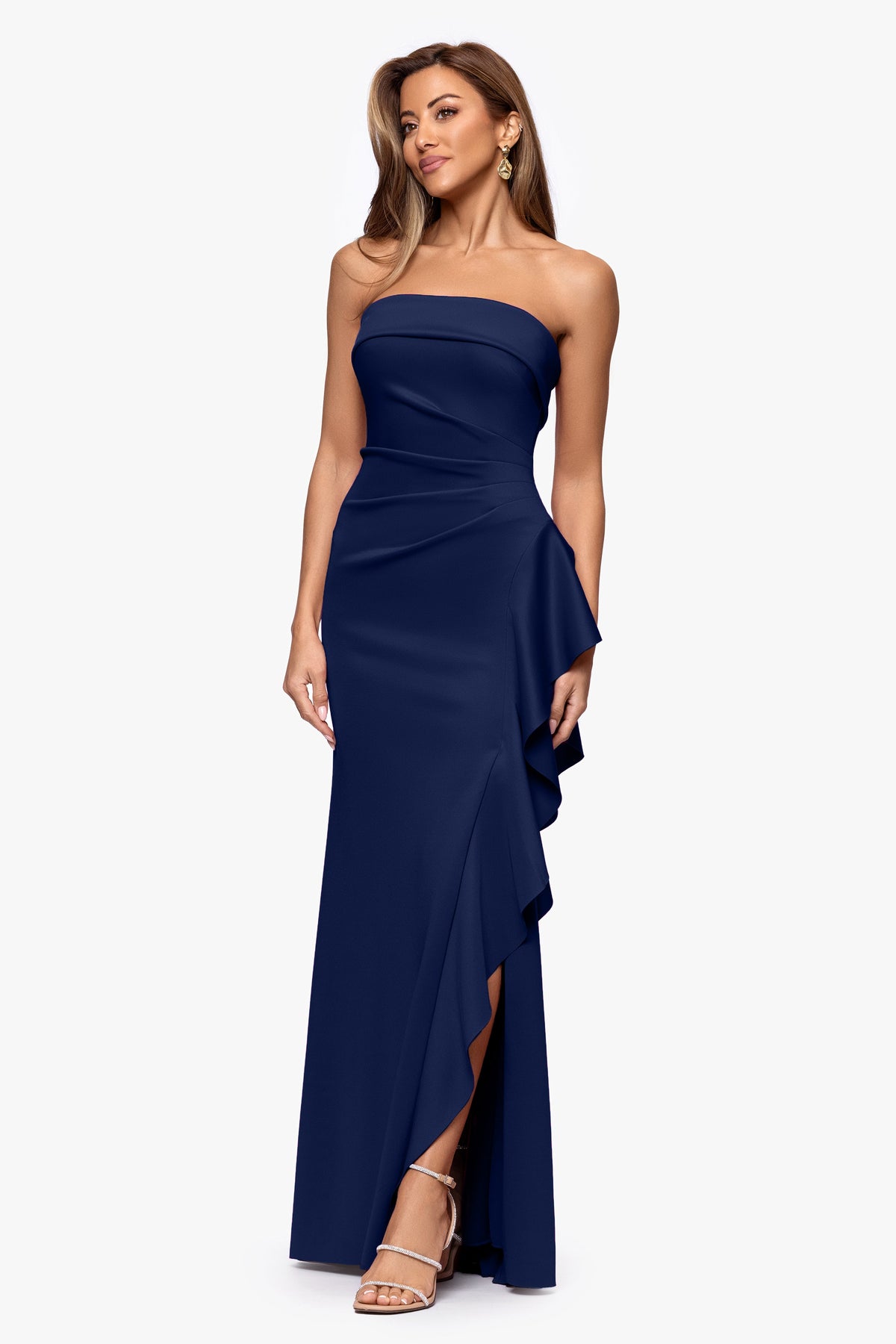 XSCAPE "Jacqueline" Techno Scuba Strapless Ruffle Dress
