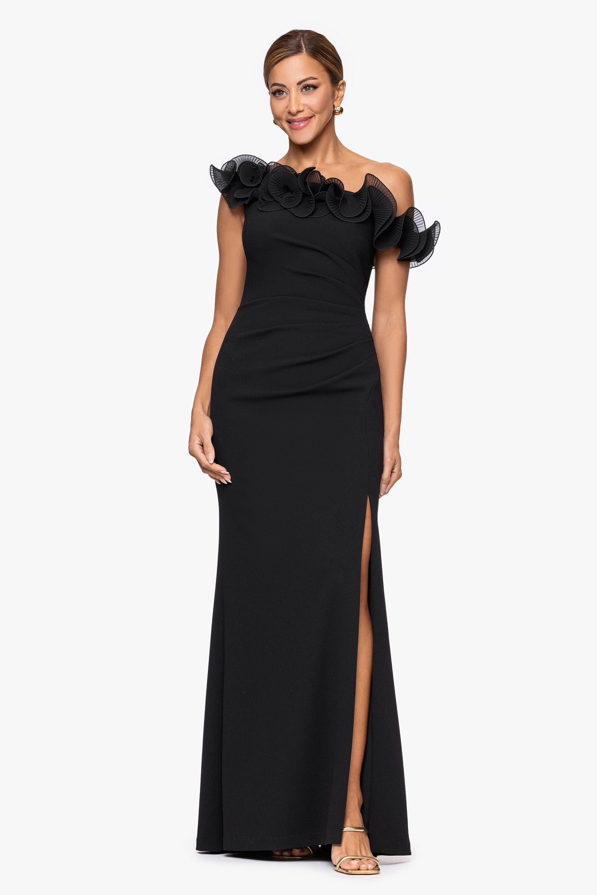 XSCAPE "Delilah" Scuba Crepe Drop Shoulder Chiffon Ruffle Dress