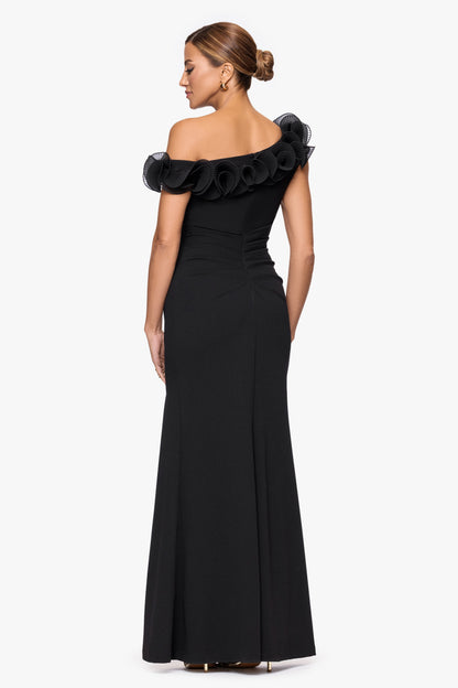 XSCAPE "Delilah" Scuba Crepe Drop Shoulder Chiffon Ruffle Dress