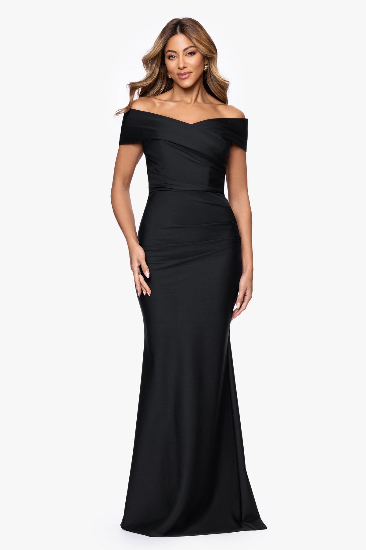 XSCAPE "Eloise" Bended Knit Off The Shoulder Ruched Dress