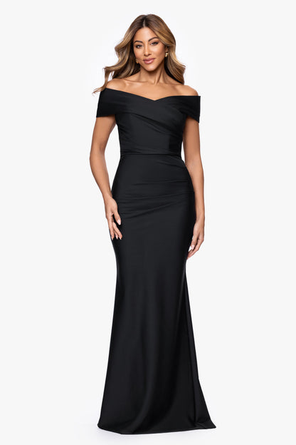 XSCAPE "Eloise" Bended Knit Off The Shoulder Ruched Dress
