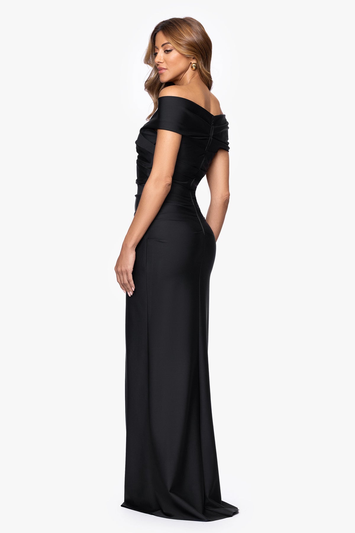 XSCAPE "Eloise" Bended Knit Off The Shoulder Ruched Dress