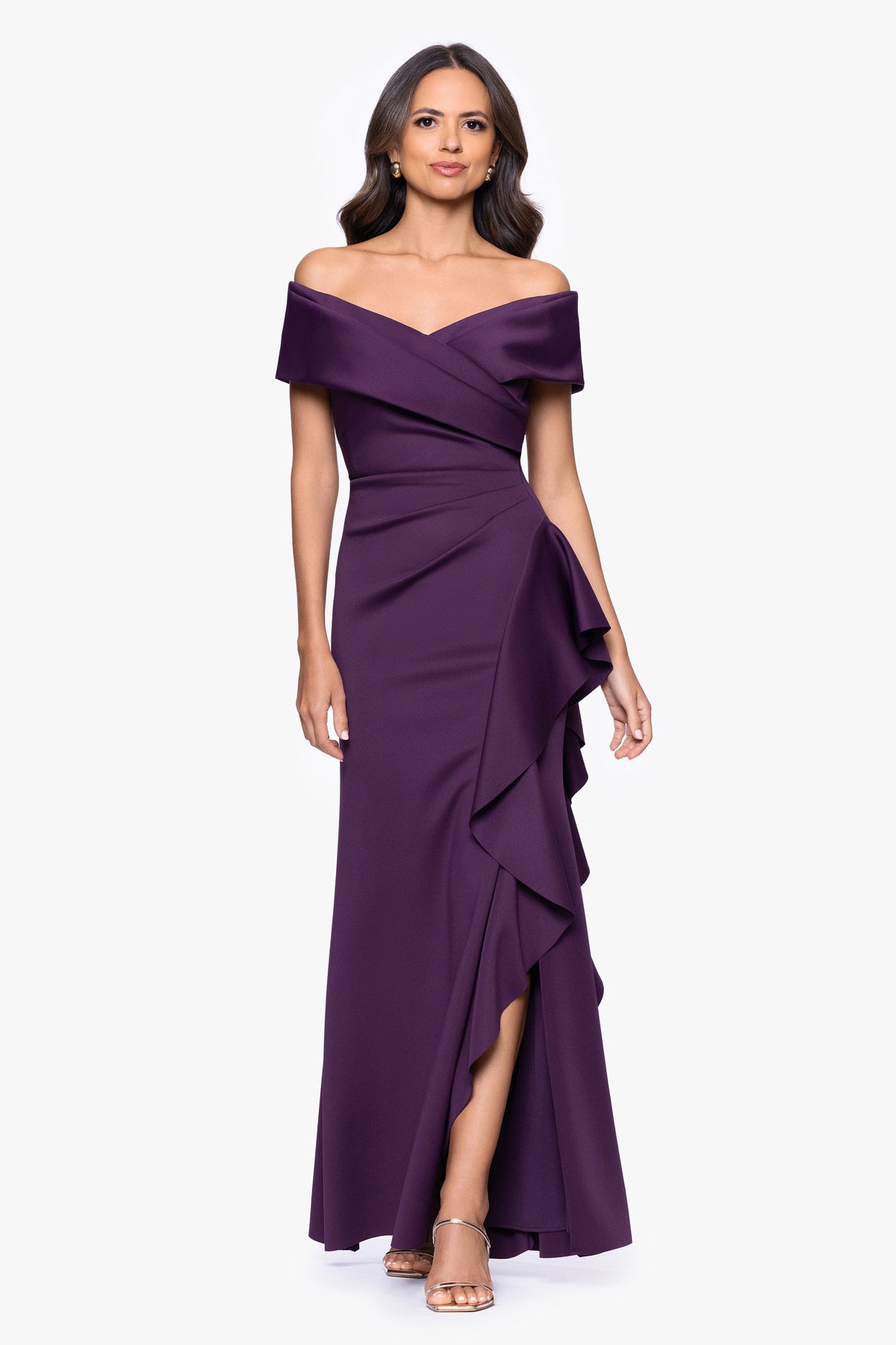 XSCAPE "Pearl" Techno Scuba Off the Shoulder Ruffle Dress