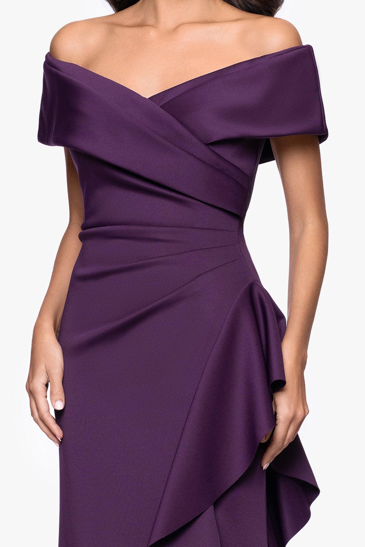 XSCAPE "Pearl" Techno Scuba Off the Shoulder Ruffle Dress