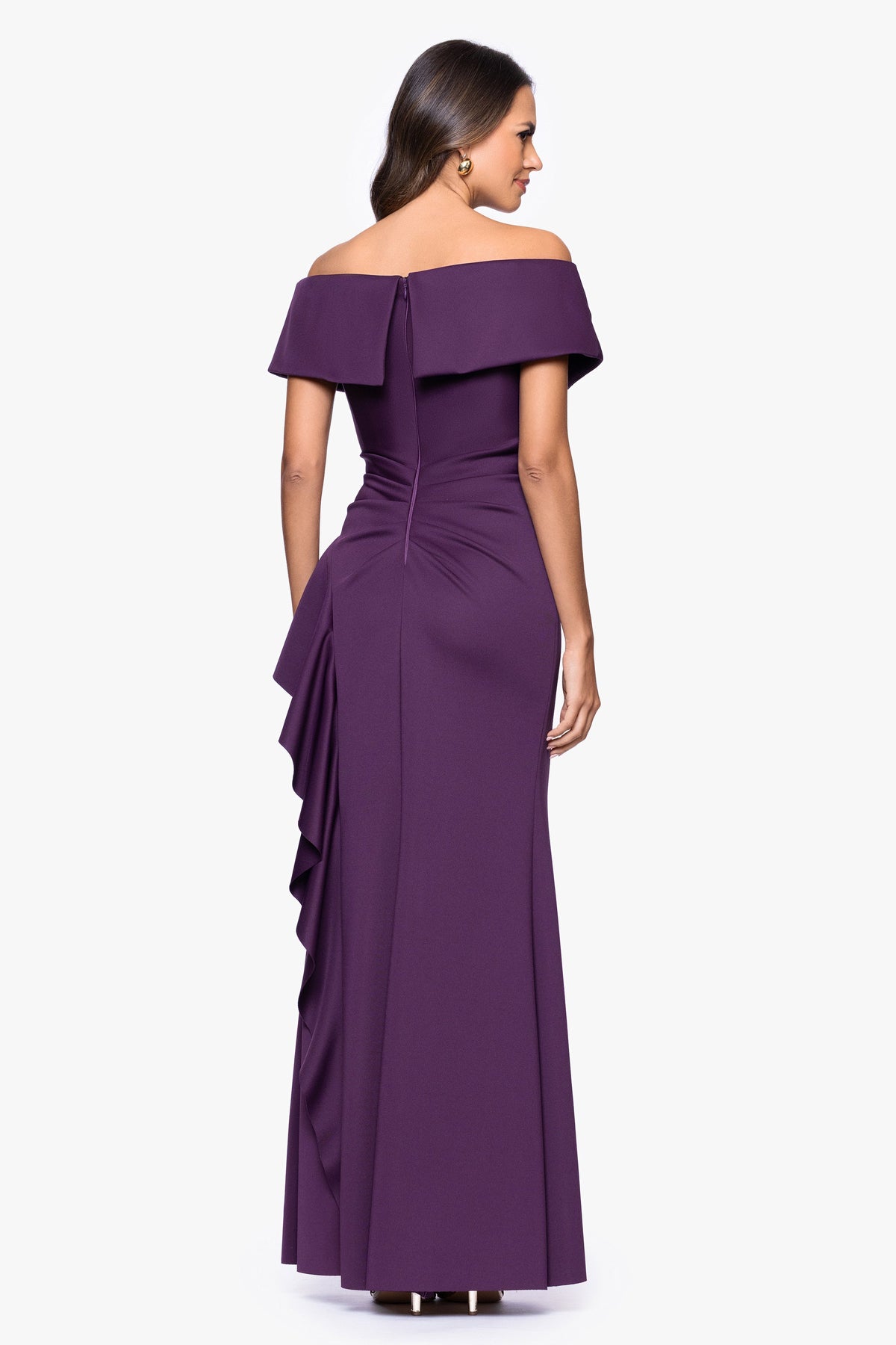 XSCAPE "Pearl" Techno Scuba Off the Shoulder Ruffle Dress