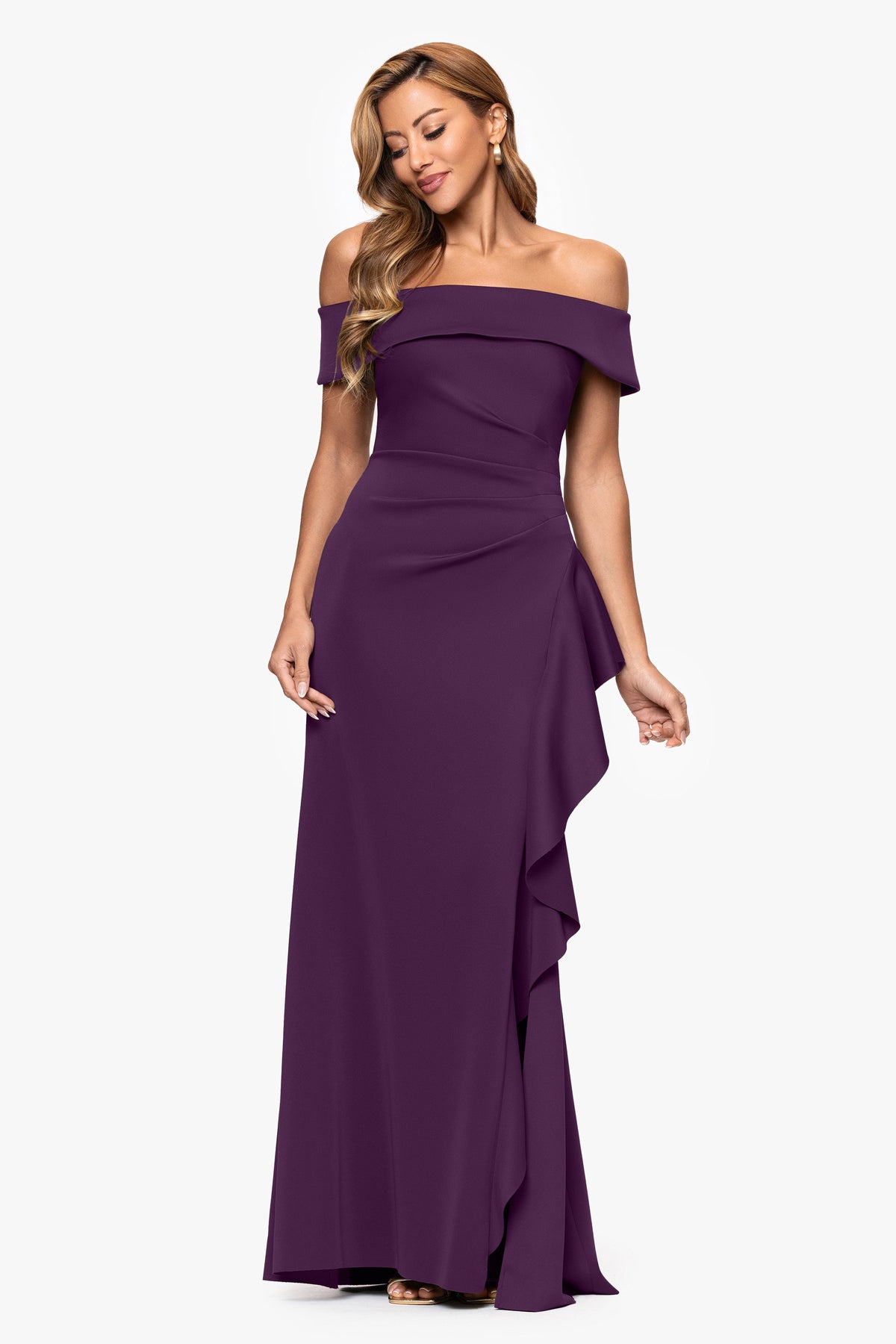 XSCAPE "Dolly" Techno Scuba Off The Shoulder Ruffle Dress