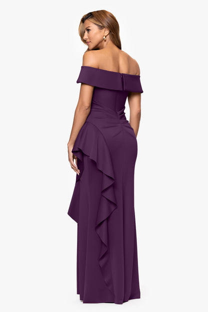 XSCAPE "Dolly" Techno Scuba Off The Shoulder Ruffle Dress