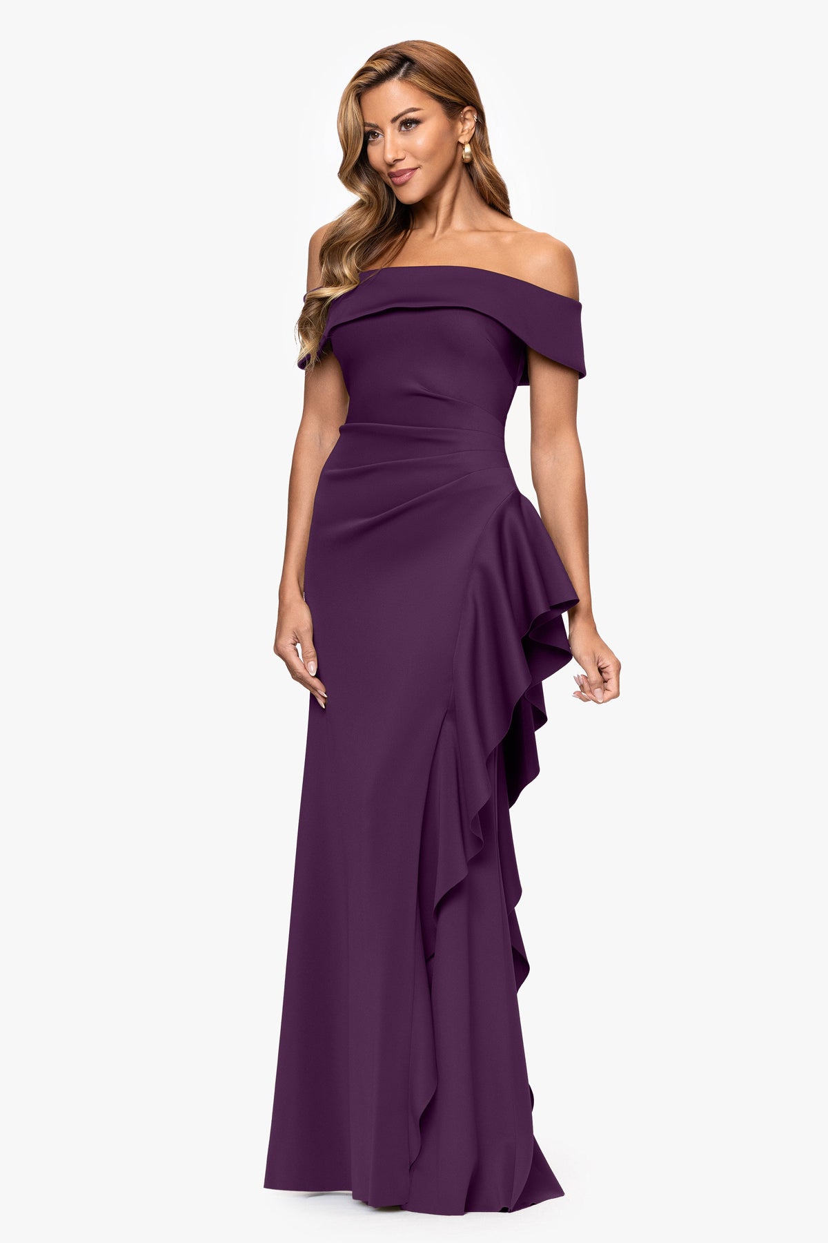 XSCAPE "Dolly" Techno Scuba Off The Shoulder Ruffle Dress