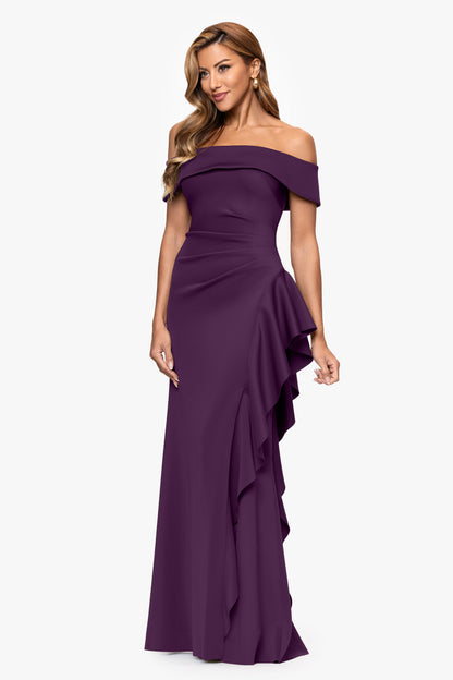 XSCAPE "Dolly" Techno Scuba Off The Shoulder Ruffle Dress