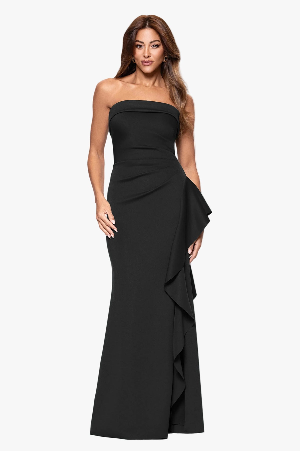 XSCAPE Petite "Jacqueline" Techno Scuba Strapless Ruffle Dress
