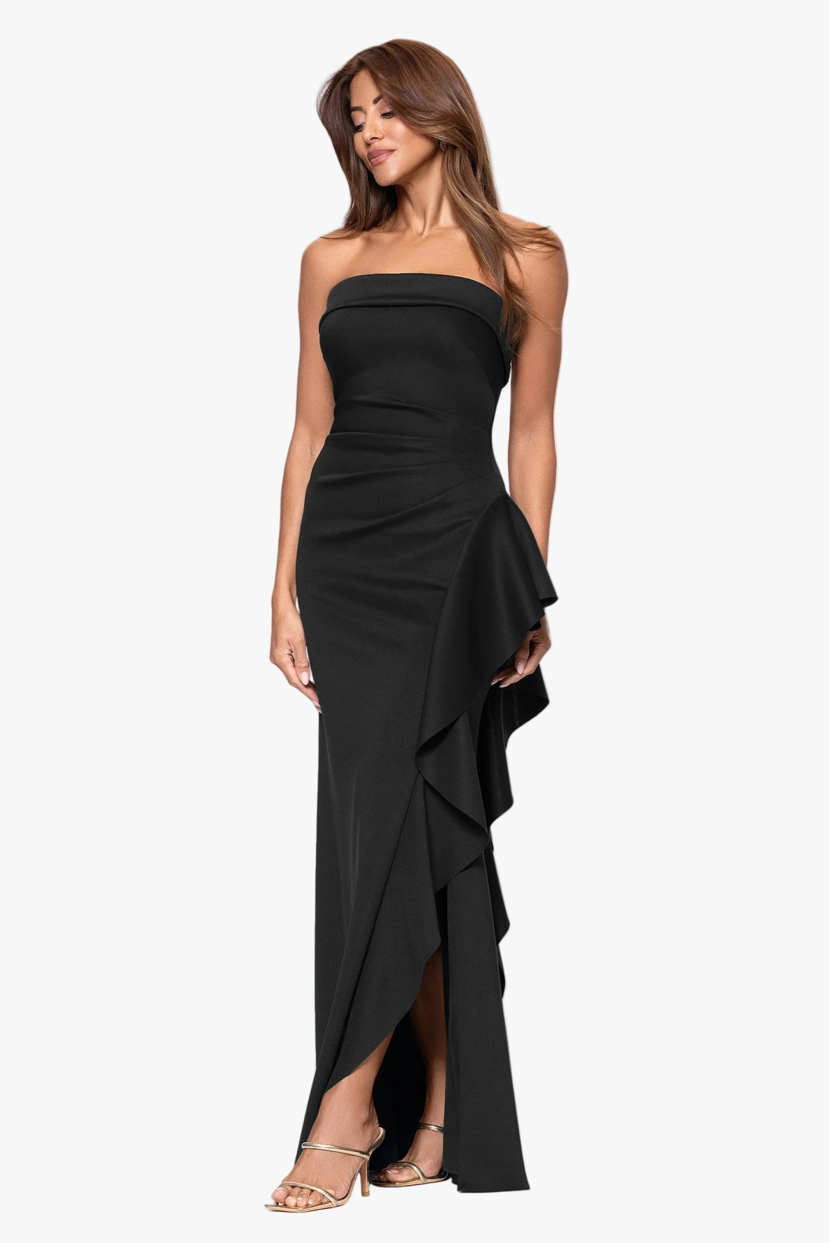 XSCAPE Petite "Jacqueline" Techno Scuba Strapless Ruffle Dress