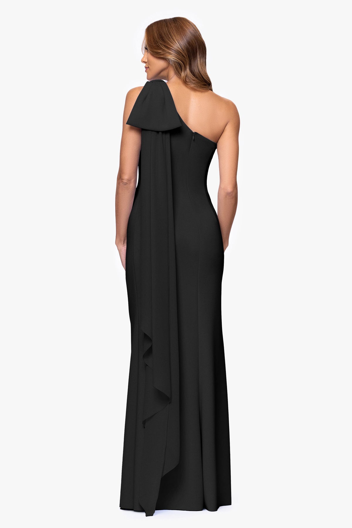 XSCAPE Petite "Gwen" Techno Scuba One Shoulder Sash Dress