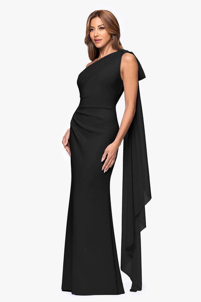 XSCAPE Petite "Gwen" Techno Scuba One Shoulder Sash Dress