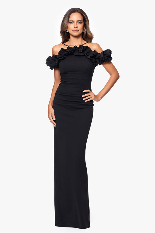 XSCAPE Petite "Tyla" Scuba Crepe Ruffle Top Dress