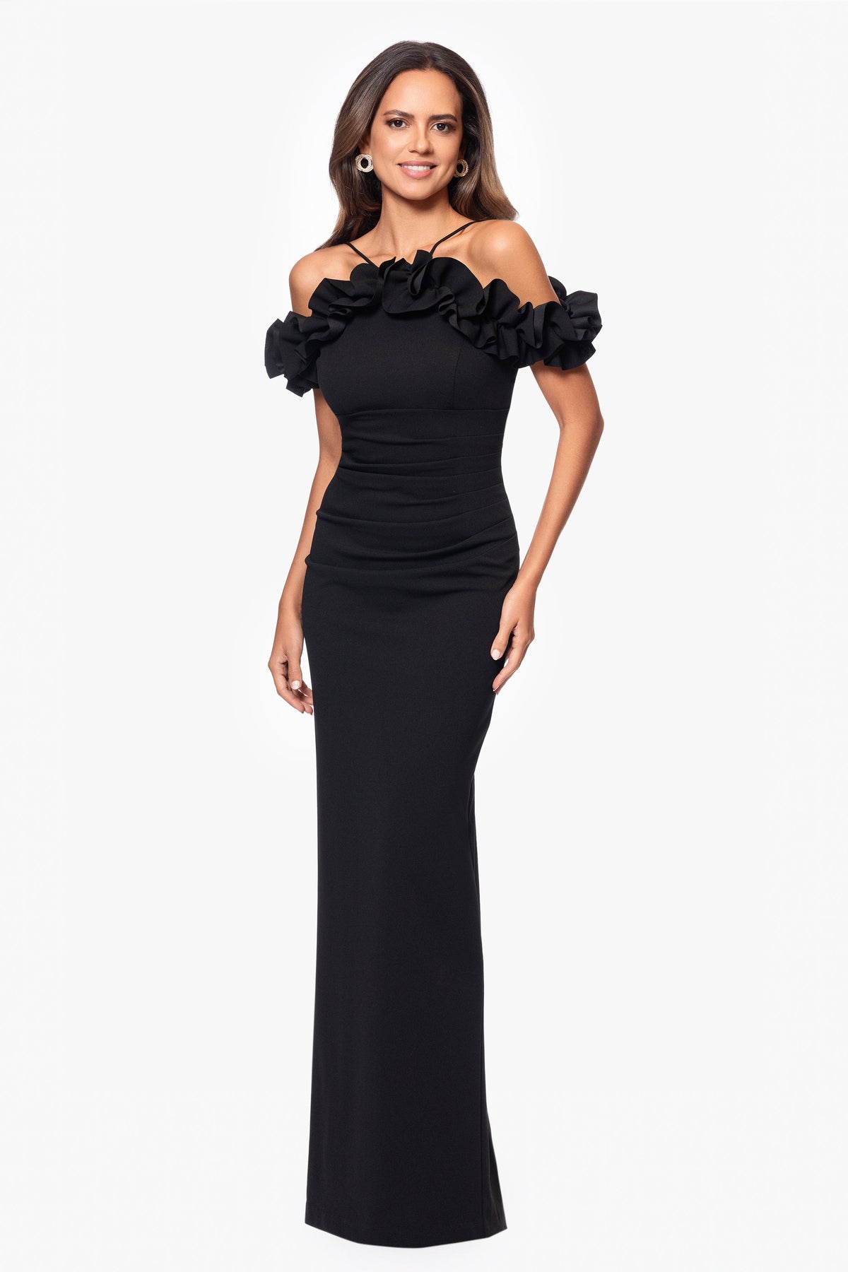 XSCAPE Petite "Tyla" Scuba Crepe Ruffle Top Dress