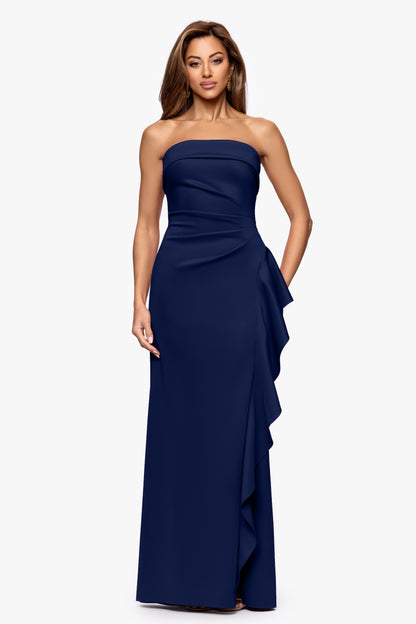 XSCAPE Petite "Jacqueline" Techno Scuba Strapless Ruffle Dress
