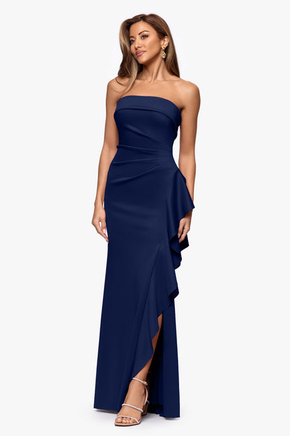 XSCAPE Petite "Jacqueline" Techno Scuba Strapless Ruffle Dress
