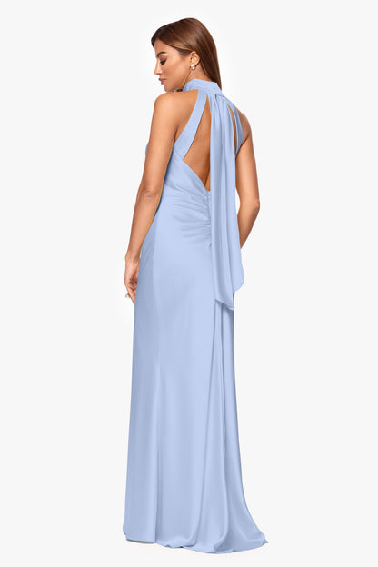 XSCAPE "Ruth" Satin High Tie Neck Backless Dress