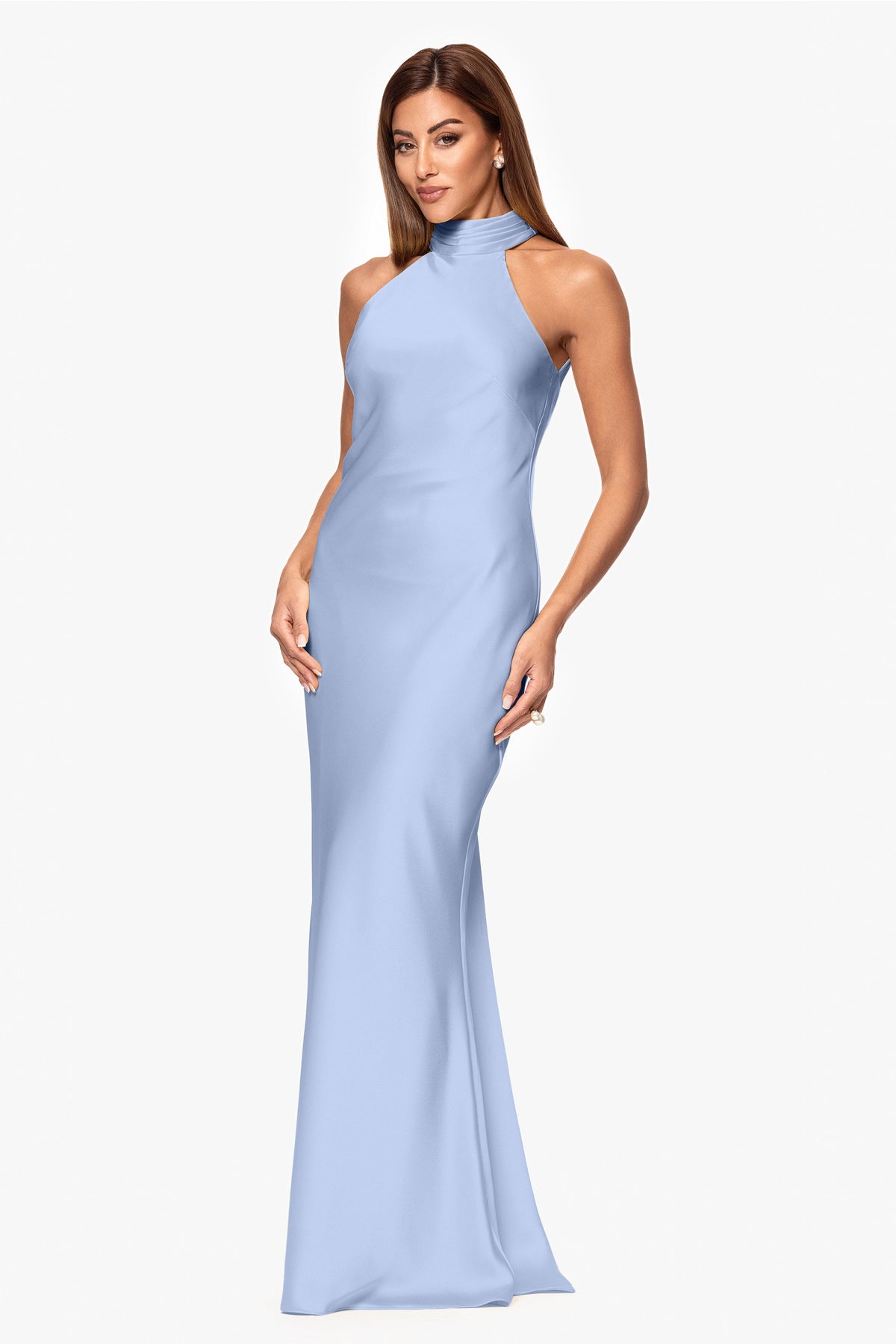 XSCAPE "Ruth" Satin High Tie Neck Backless Dress