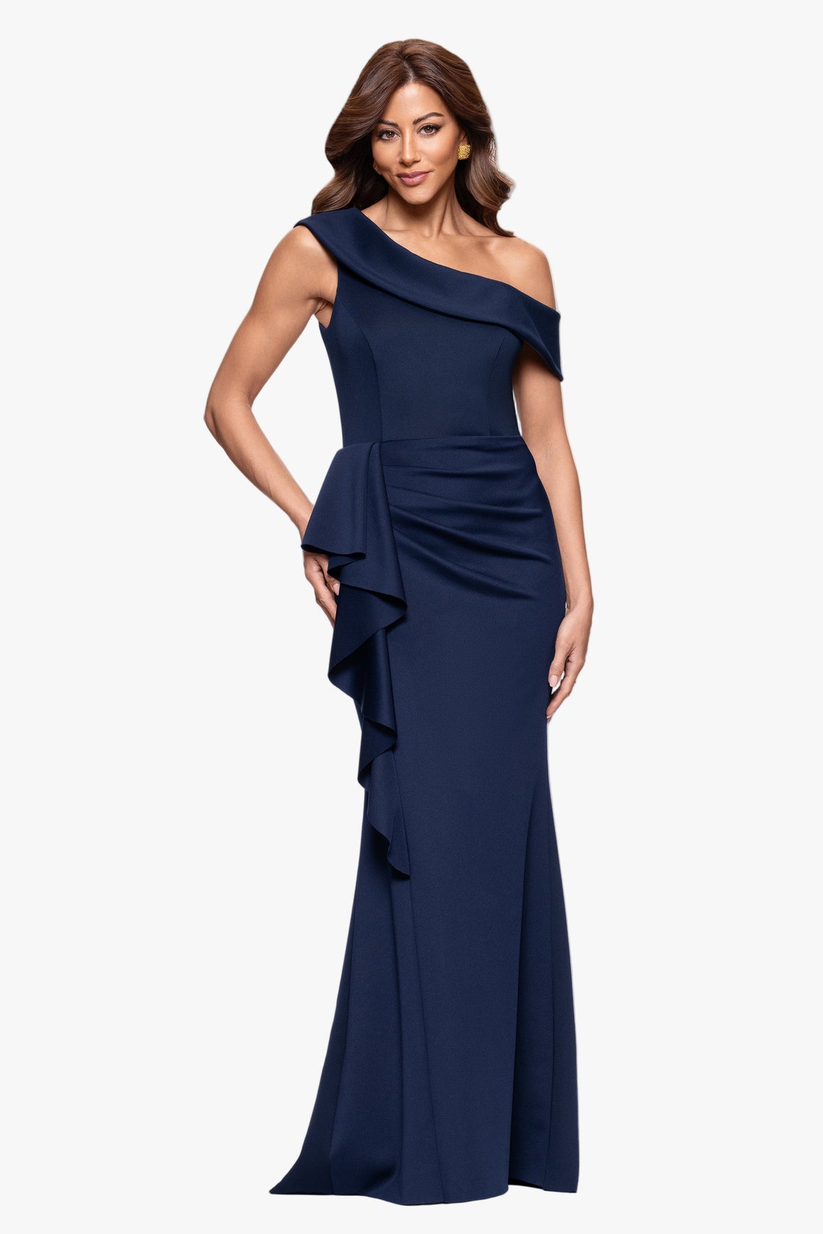 XSCAPE Petite "Valerie" Techno Scuba Off the Shoulder Ruffle Dress