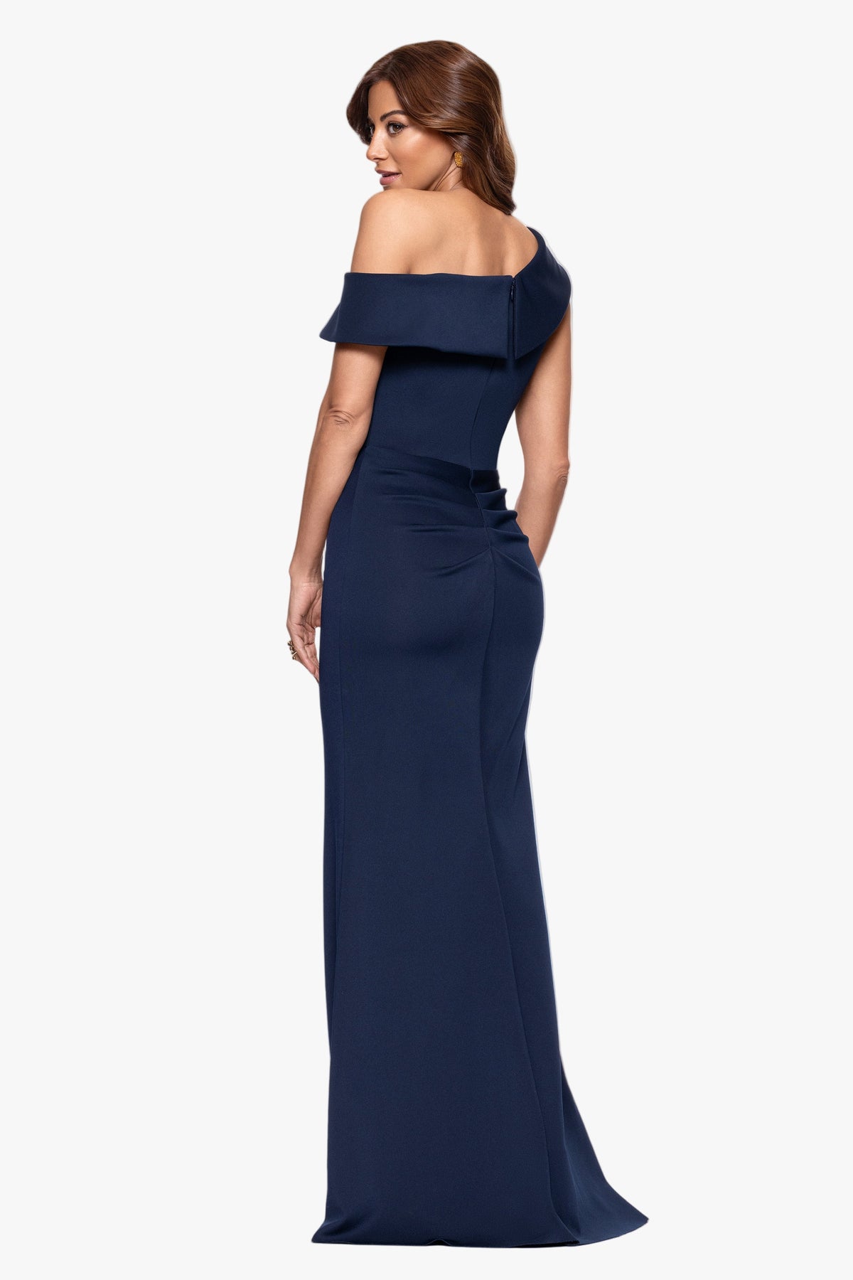 XSCAPE Petite "Valerie" Techno Scuba Off the Shoulder Ruffle Dress