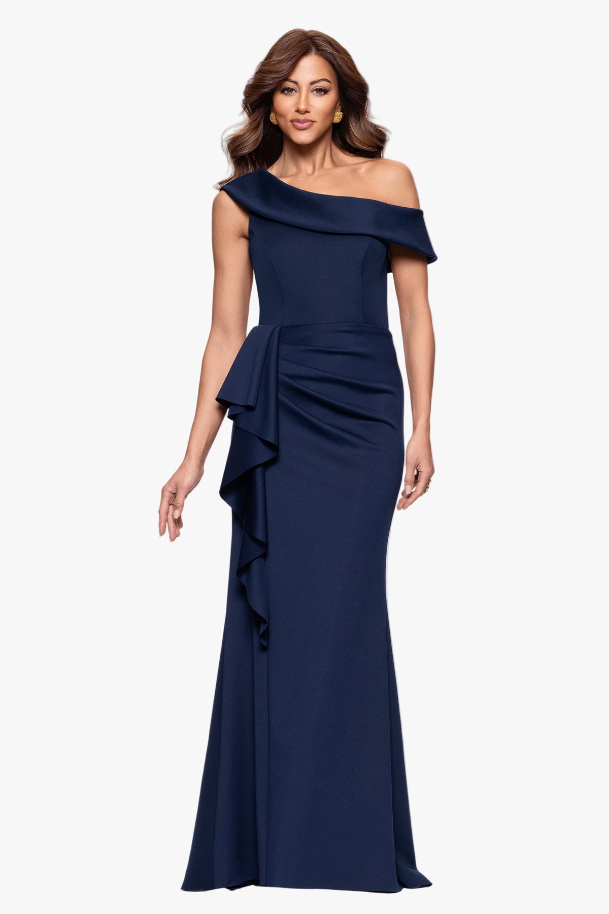 XSCAPE Petite "Valerie" Techno Scuba Off the Shoulder Ruffle Dress