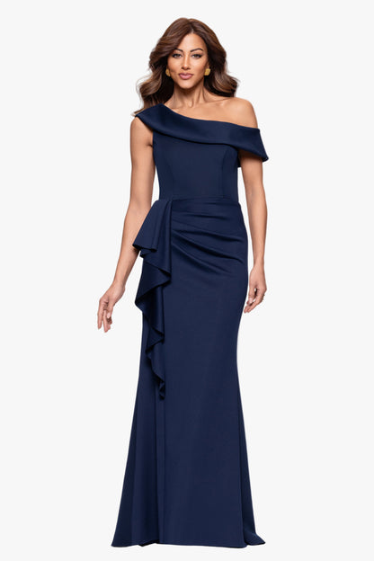 XSCAPE Petite "Valerie" Techno Scuba Off the Shoulder Ruffle Dress