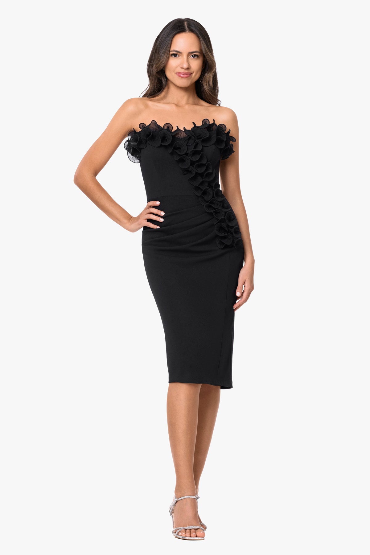 XSCAPE "Myla" Scuba Crepe With Chiffon Ruffle Short Dress