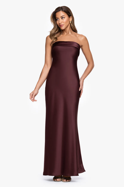 XSCAPE "Reese" Satin Long Strapless Gown