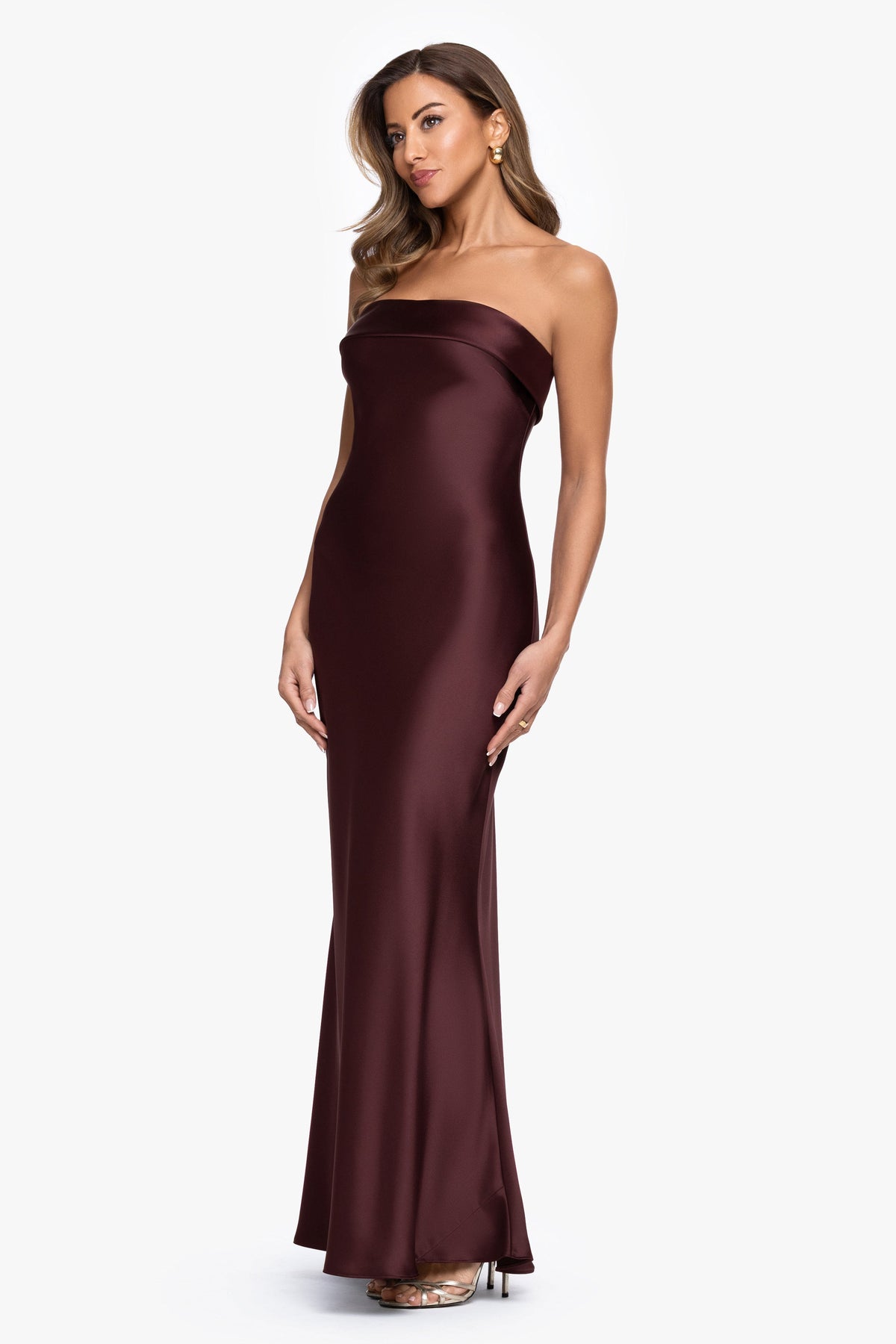 XSCAPE "Reese" Satin Long Strapless Gown