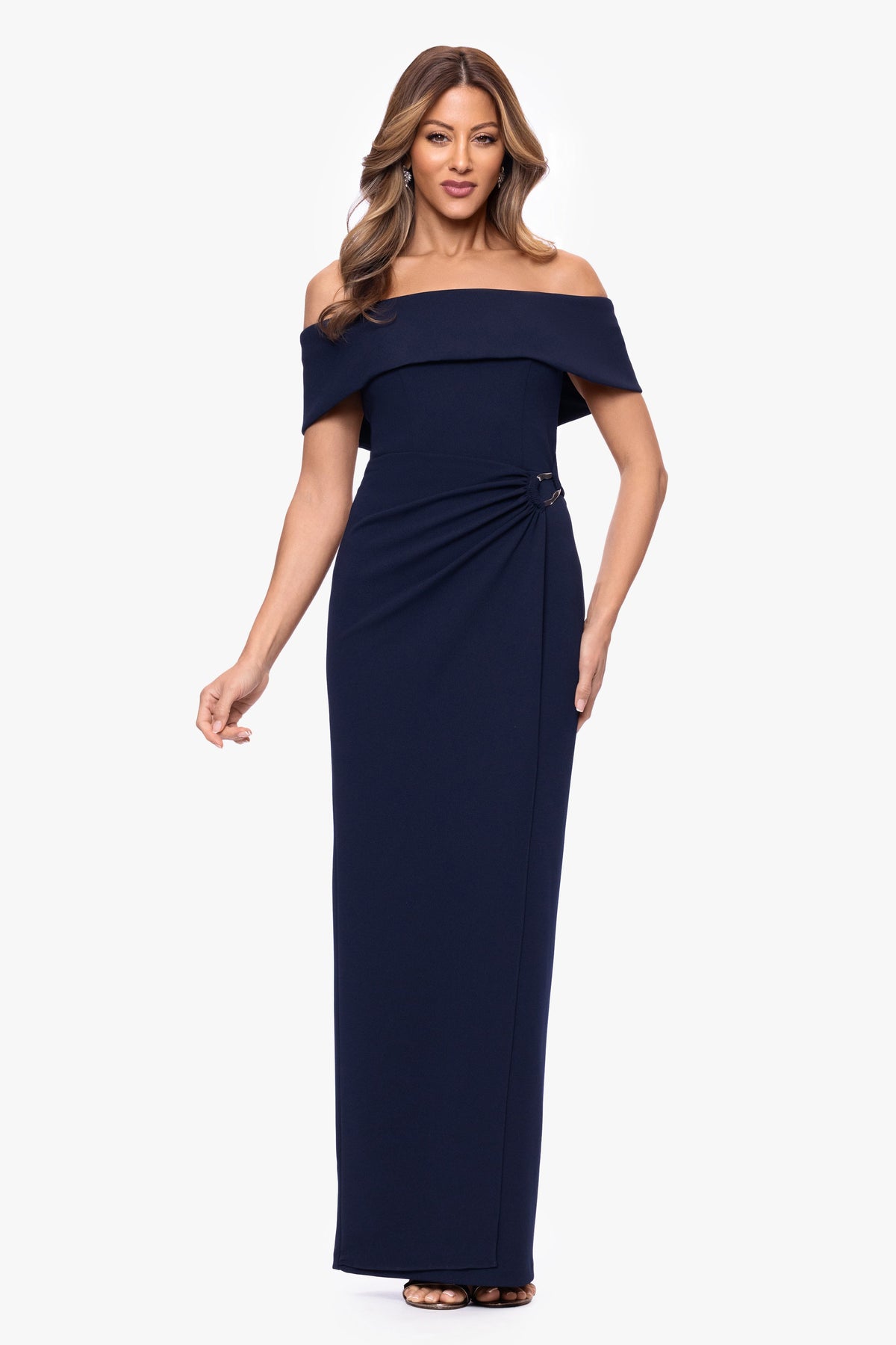 XSCAPE "Devon" Scuba Crepe Off The Shoulder Gold Detail Waist Dress