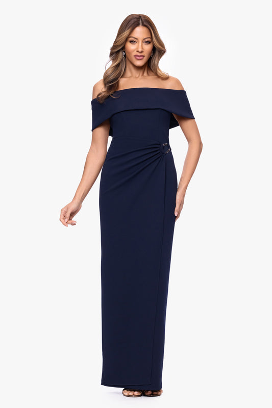 XSCAPE "Devon" Scuba Crepe Off The Shoulder Gold Detail Waist Dress