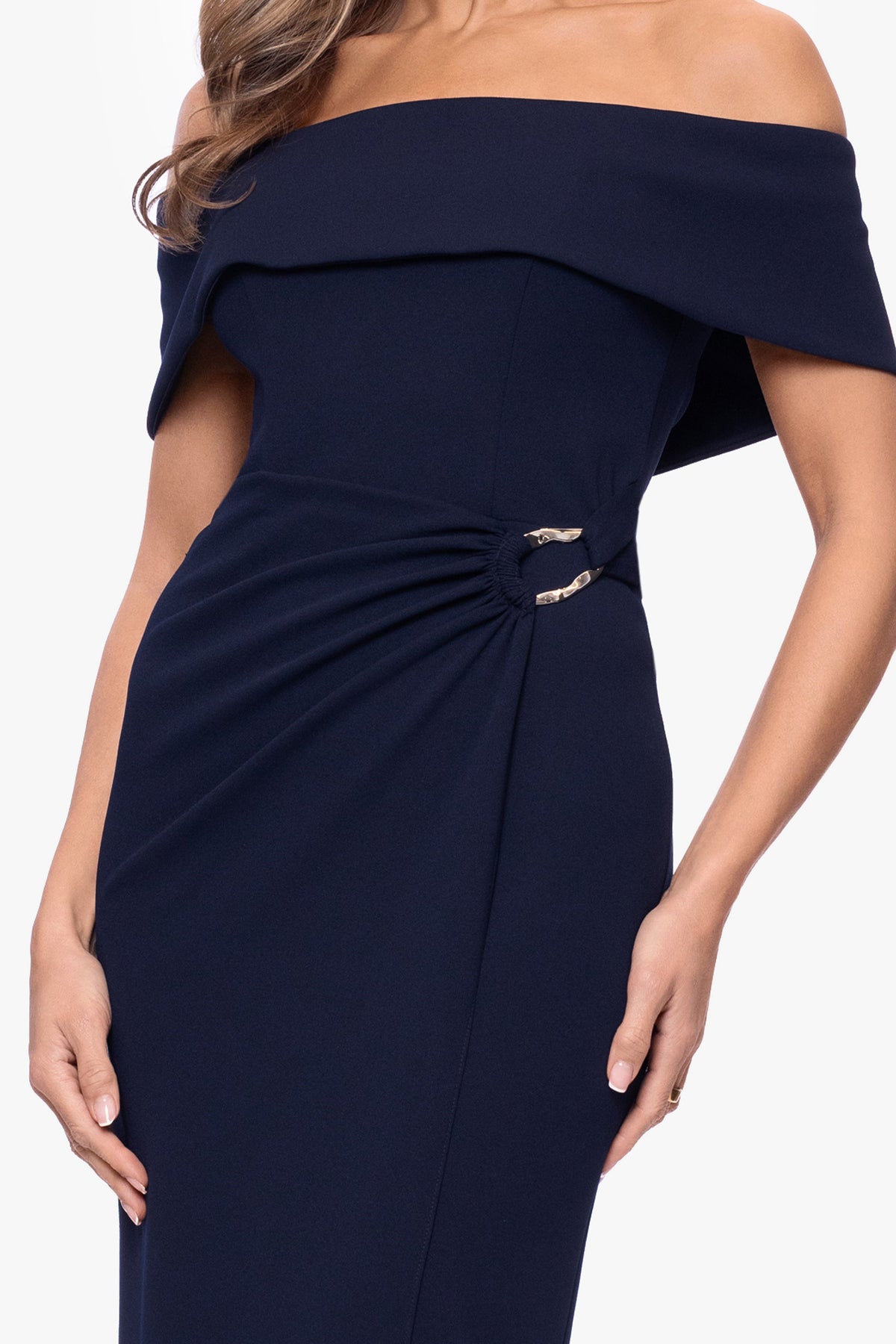 XSCAPE "Devon" Scuba Crepe Off The Shoulder Gold Detail Waist Dress