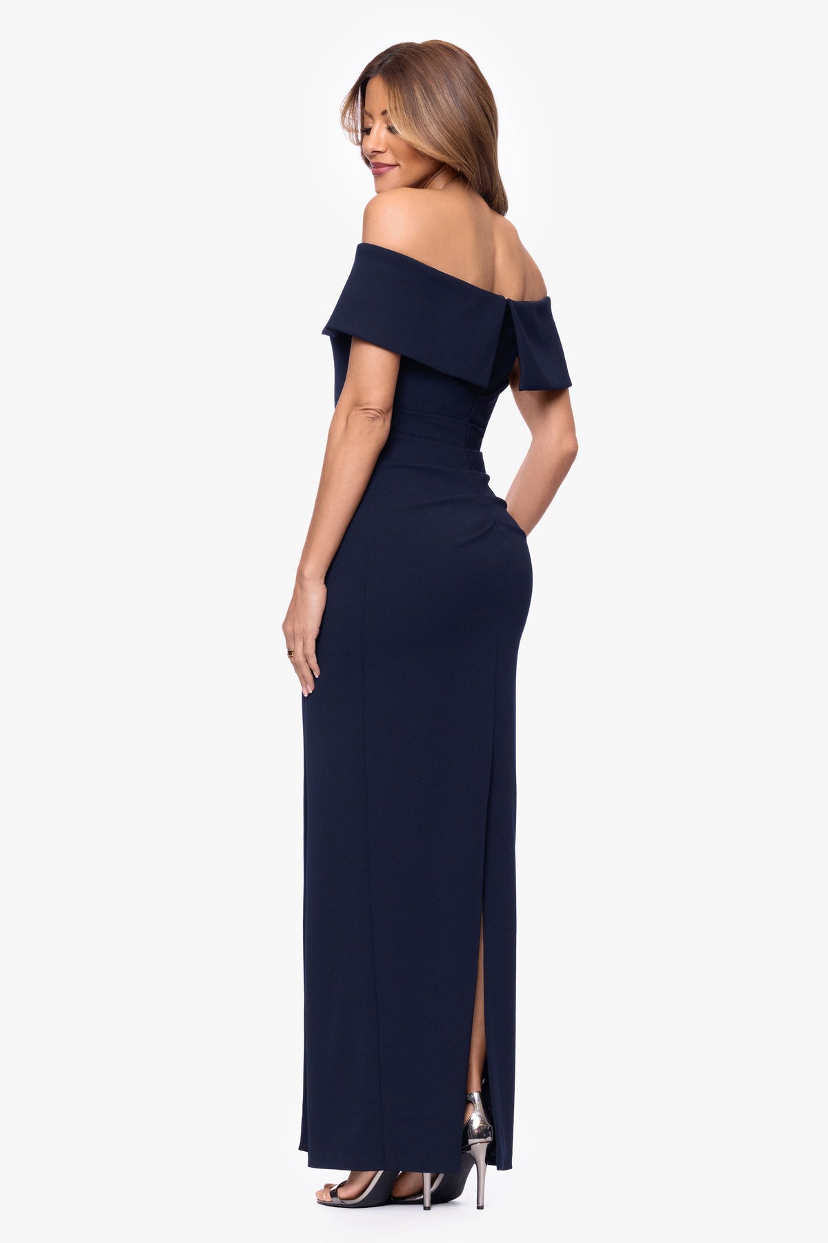 XSCAPE "Devon" Scuba Crepe Off The Shoulder Gold Detail Waist Dress