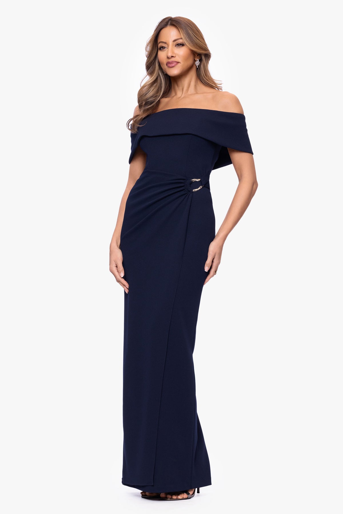 XSCAPE "Devon" Scuba Crepe Off The Shoulder Gold Detail Waist Dress