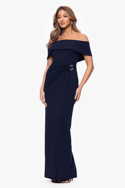 XSCAPE "Devon" Scuba Crepe Off The Shoulder Gold Detail Waist Dress