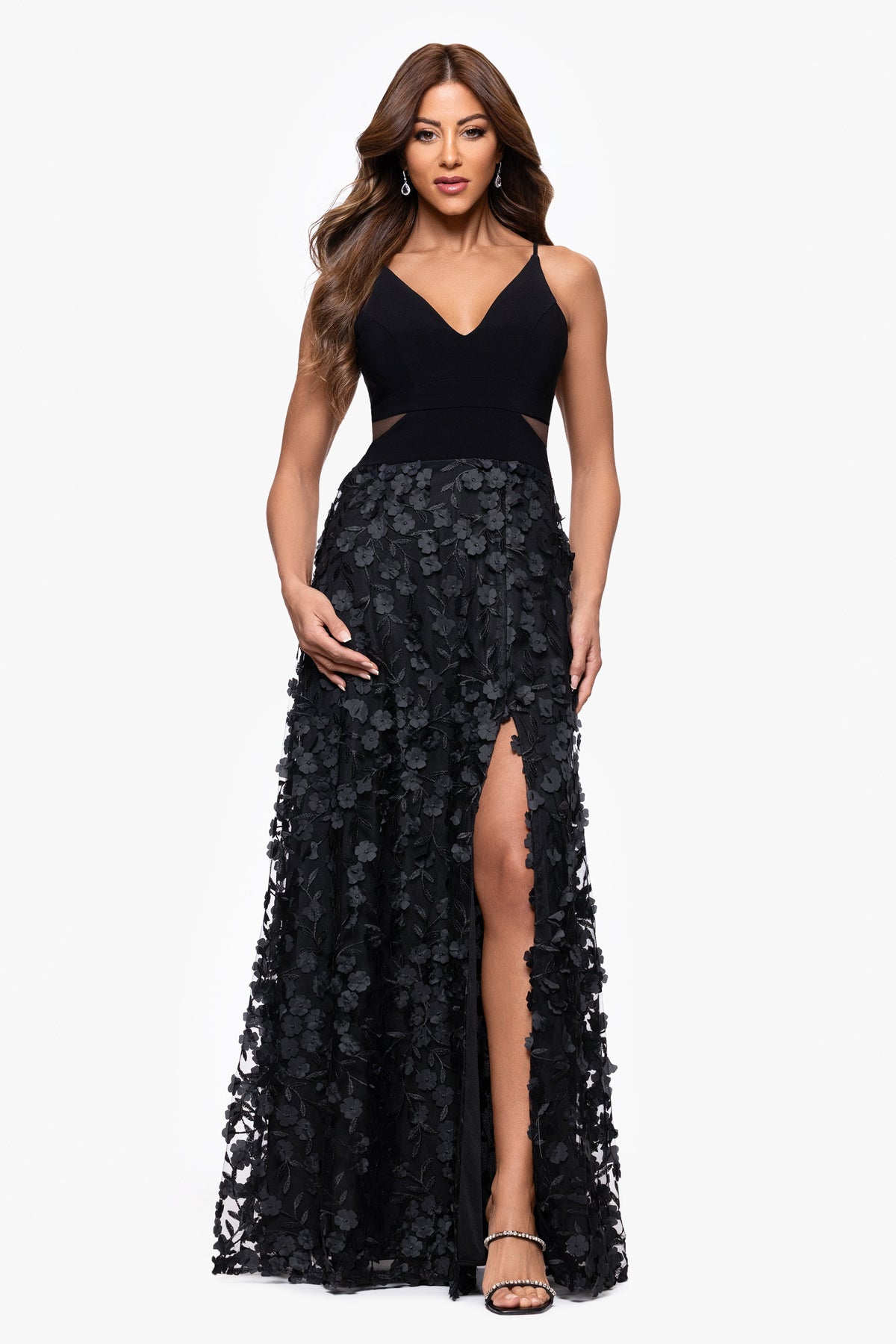 XSCAPE "Iris" Jersey Knit V-Neck Raised Flower Dress