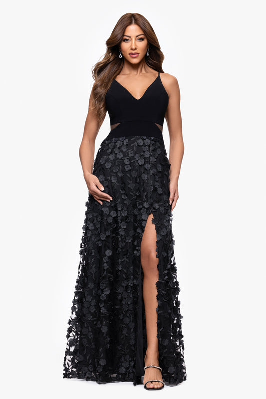 XSCAPE "Iris" Jersey Knit V-Neck Raised Flower Dress