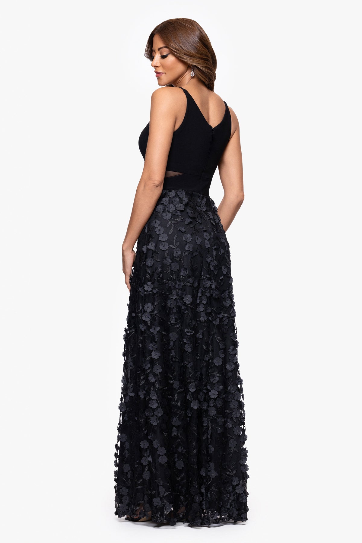 XSCAPE "Iris" Jersey Knit V-Neck Raised Flower Dress