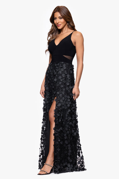 XSCAPE "Iris" Jersey Knit V-Neck Raised Flower Dress